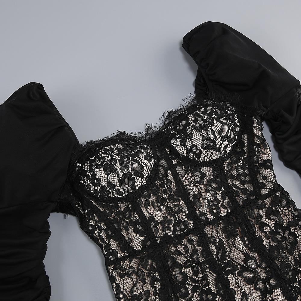 European Black Lace Long Sleeve Formal Dress with French Puff Sleeves, Square Neck, Cut-out Detail, and Slim Fit Mermaid Skirt