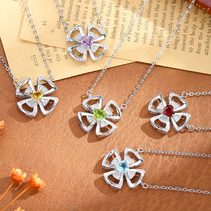 925 Sterling Silber Windmühlen Kleeblatt Halskette, Natürlicher Amethyst Kristall Anhänger, Süßer Trendiger Schmuck Geschenk für Damen Mädchen