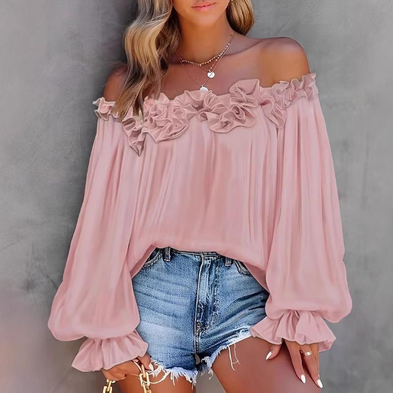 Elegant Fashion Casual Off-the-shoulder Women Blouse Long Sleeved Loose Simple Ruffled Shirt Office Ladies Tops Solid Color Tops