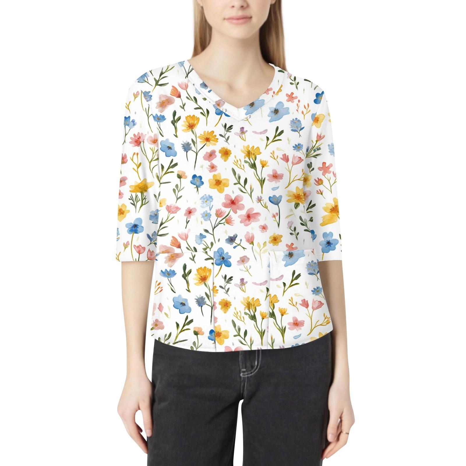 

Модная женская рабочая одежда с v-образным вырезом и рукавами 3/4, свободные топы с карманами и принтом XL жёлтый