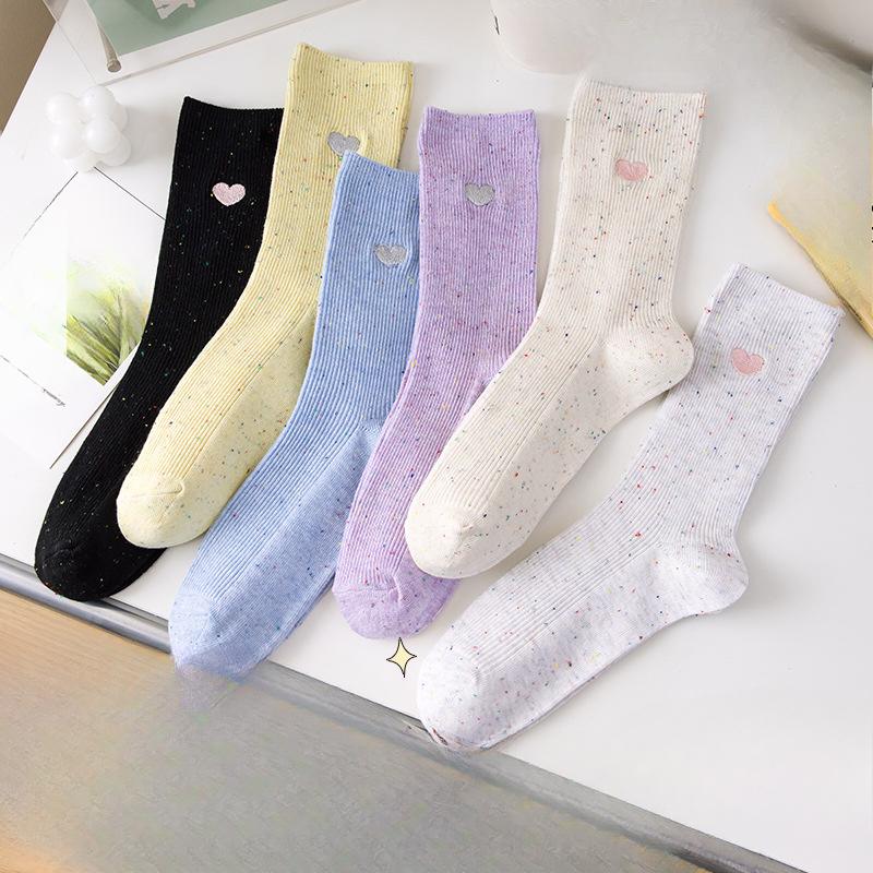 Lady Spring and Autumn Embroidery Solid Color Thin Love Point Yarn Polka Dot Tube Cotton Socks