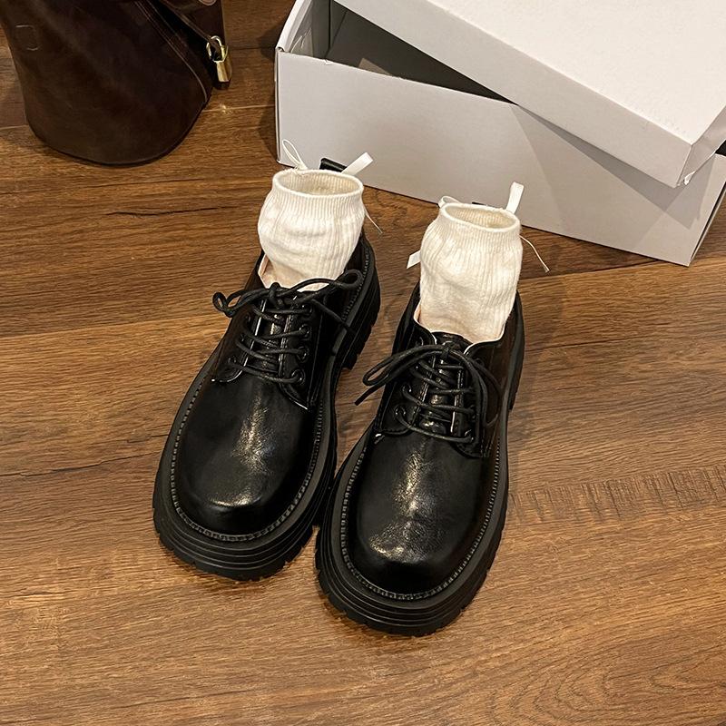 British style platform thick heel single shoes women's retro imitation leather fashion versatile lace-up round head jk small leather shoes