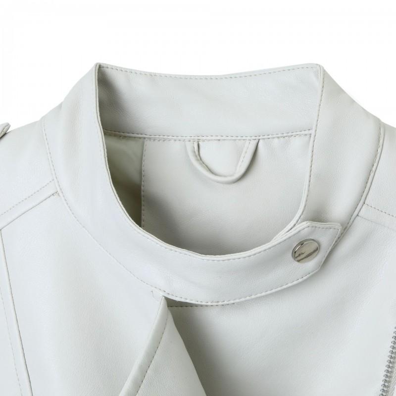 Womens Faux Leather Moto Jacket Round Neck Diagonal Zip Slim Fit Streetwear Outerwear White Black S M L XL