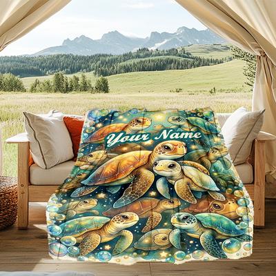 1PC Custom Name Ocean Turtles Adventure Flannel Blanket Versatile,all-season Throw Suitable for the Living Room,bedroom,camping,travel,and Gift
