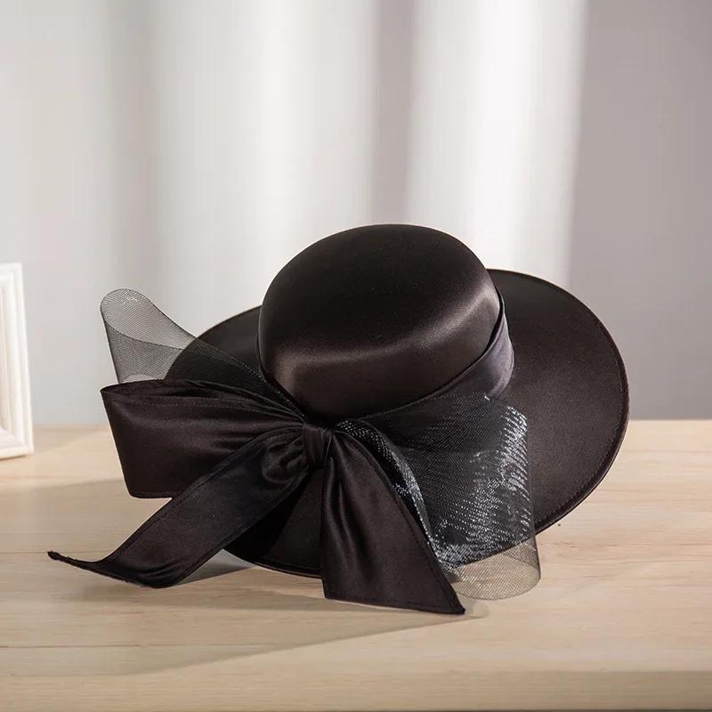 

2025 French Bownot Satin Top Hat Women Banquet Fascinator Bride Wedding Black Fedora Hat