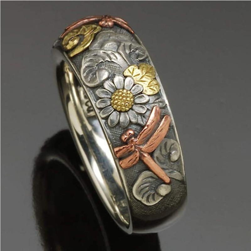 Hot Sale Accessories Vintage Engraved Dragonfly Flower Ring Fashion Ring Geometric Elements Fashion Commuter