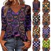 Women's Casual V Neck Three Quarter Sleeve Top Halloween Pumpkin Print Lightweight Blouse for Fall and Everyday Wear