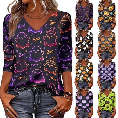 Women's Casual V Neck Three Quarter Sleeve Top Halloween Pumpkin Print Lightweight Blouse for Fall and Everyday Wear