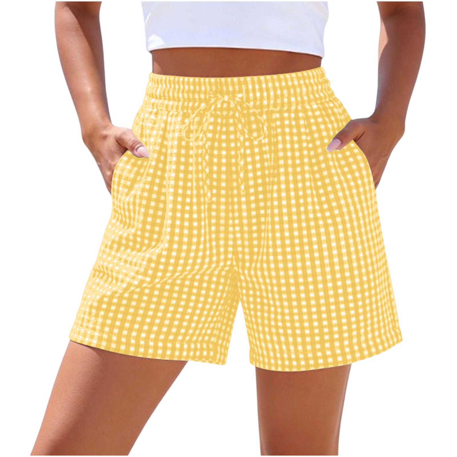 

Women s Fashion Casual Loose High-Waisted Wide Leg Retro Plaid Shorts XL жовтий