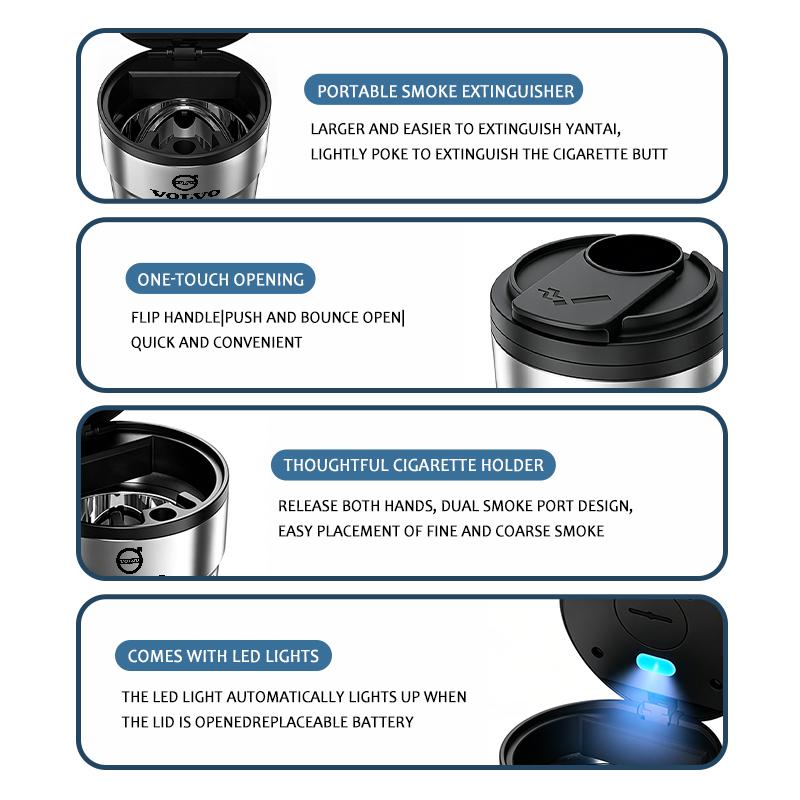 Stainless Steel Car Coffee Cup Ashtray Auto LED Light Accessory For Volvo V60 V90 S60 S80 S90 C30 XC40 XC60 XC70 XC90 V40