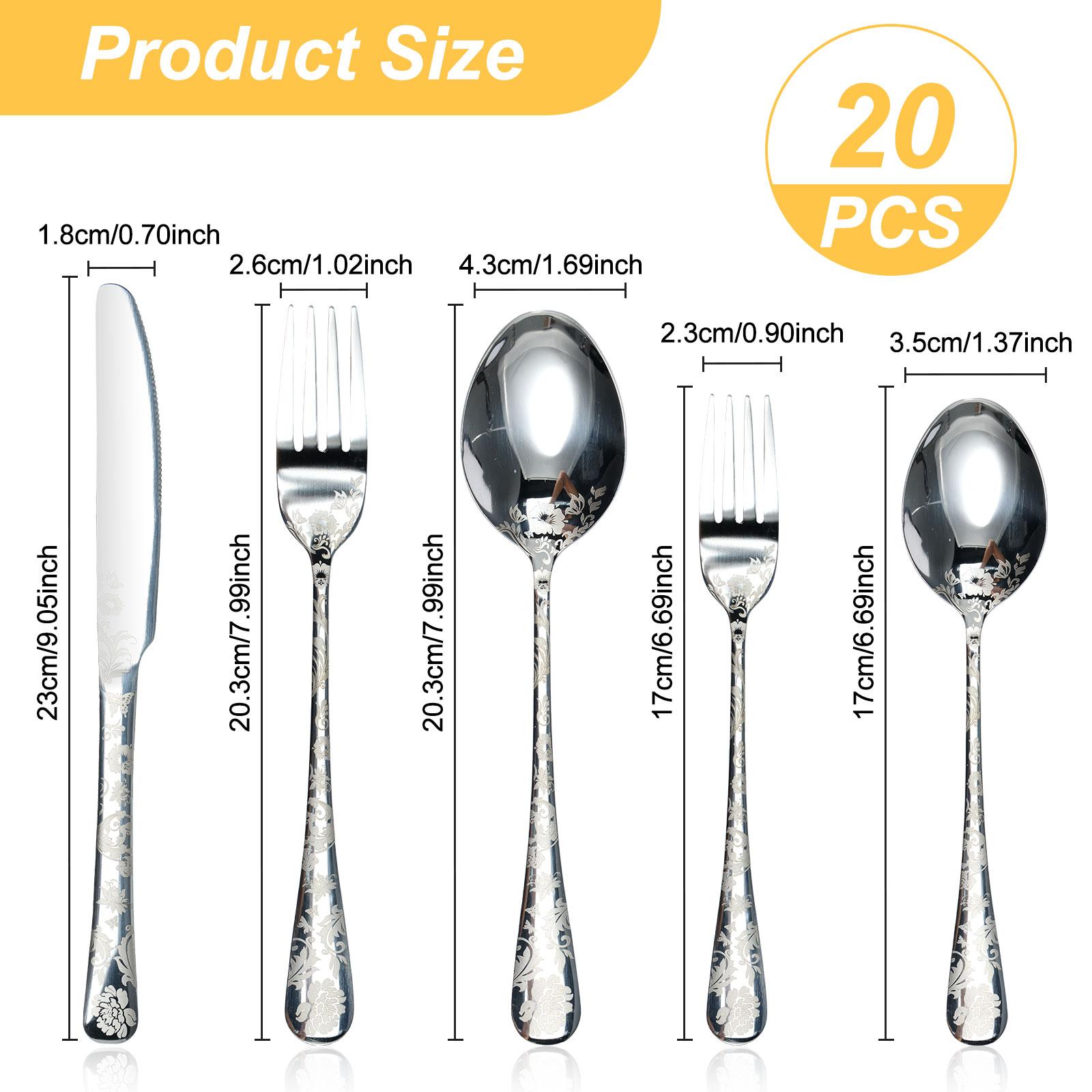 

20pcs Silverware Set Stainless Steel Dinner Knives Spoons Forks Set Flower Pattern Mirror Polished Cutlery Set Dishwasher Safe