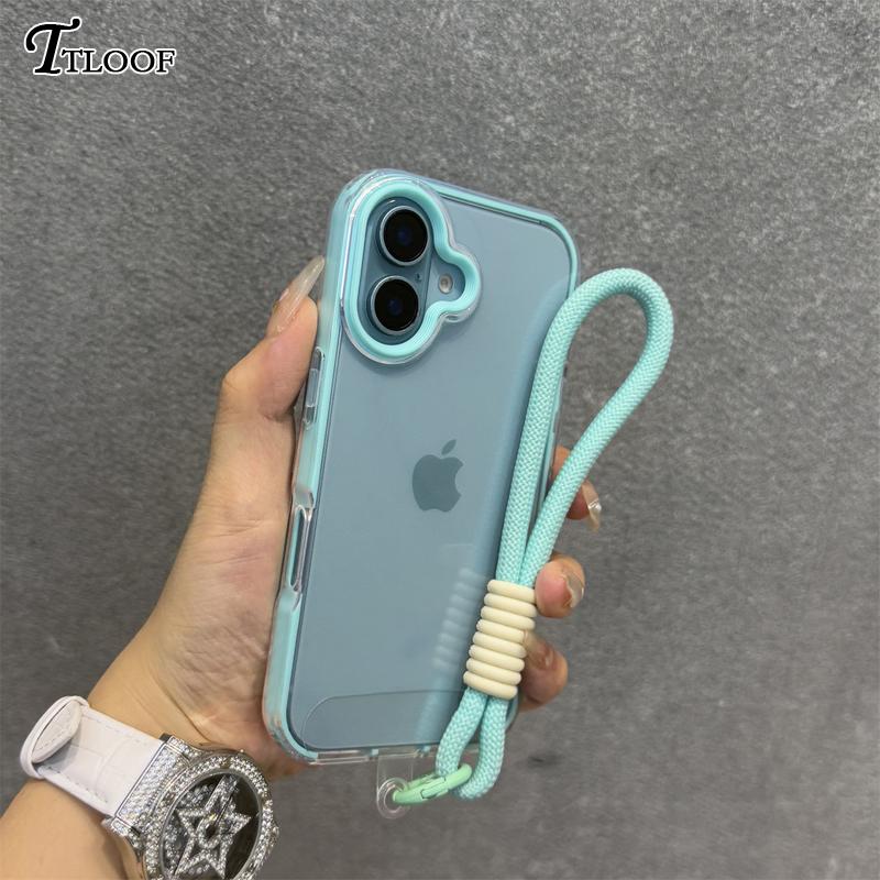 2in1 Clear With Wrist Strap lanyard Phone Case For iPhone 11 12 13 14 15 16 Pro Max Plus Shockproof Bumber Soft TPU Cover