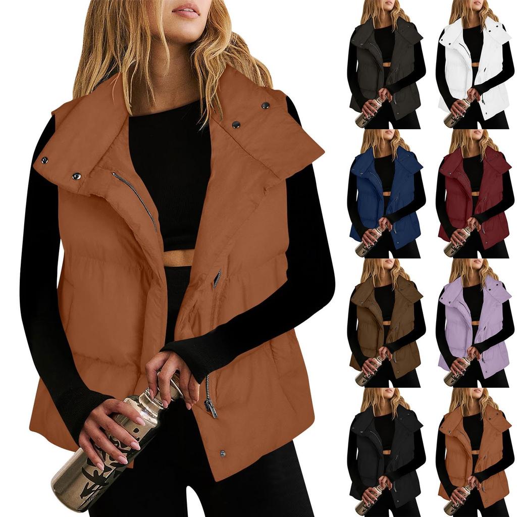 Women Lightweight Stand Collar Sleeveless Winter Warm Zip Up Padded Outerwear Jackets With Pockets