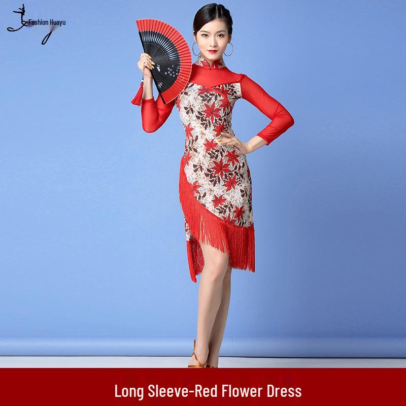 Autumn New Latin Dance Mesh Tassel Cheongsam Dress for Women - Practice & Performance