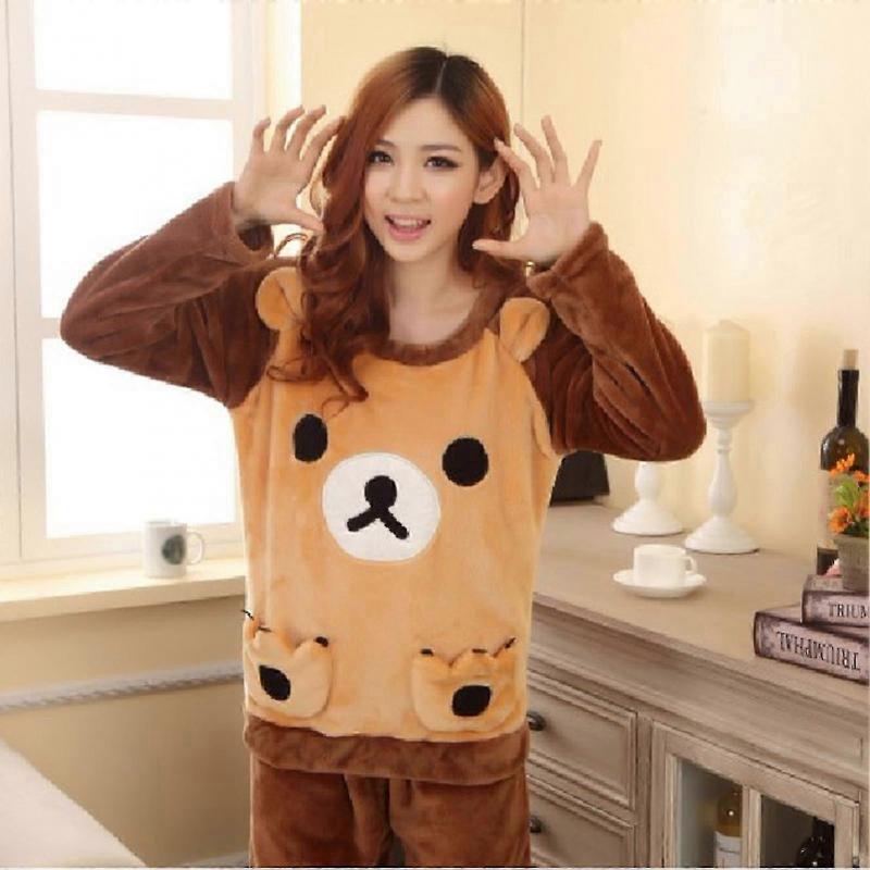 Winter Flannel Thick Pajama Set Adorable Bear Two-piece Sleepwear Set for Sleepwear Slumber Party