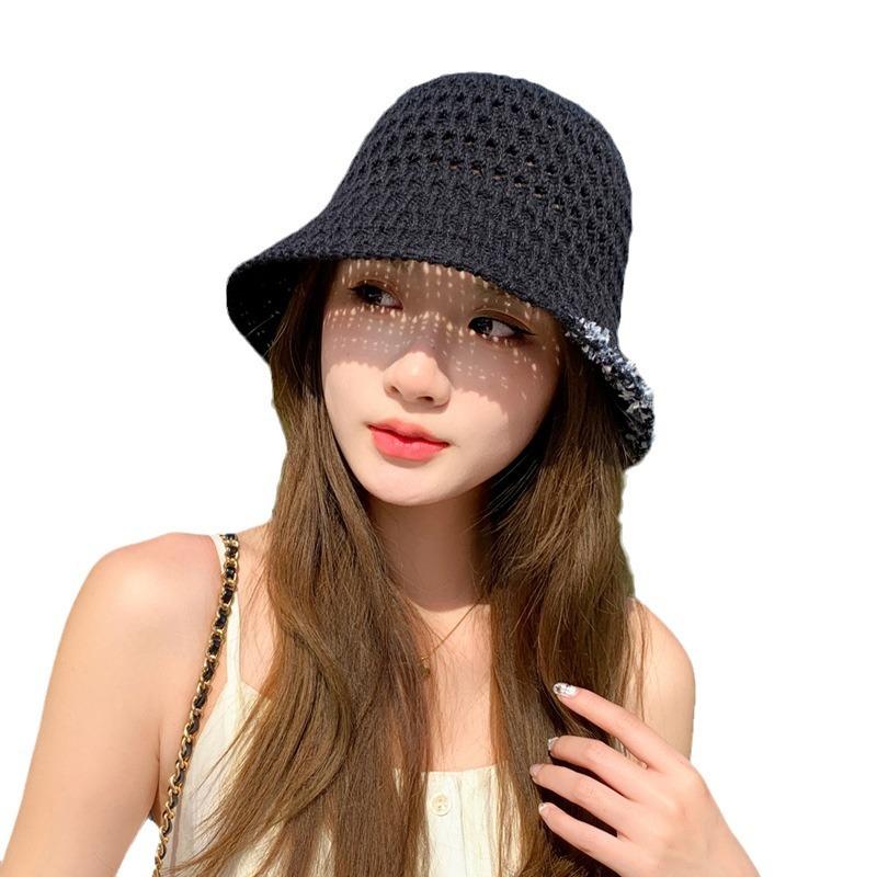 Mesh knitted hollow straw hat summer hat women's sunscreen hat solid color outdoor visor lace fashion bucket hat