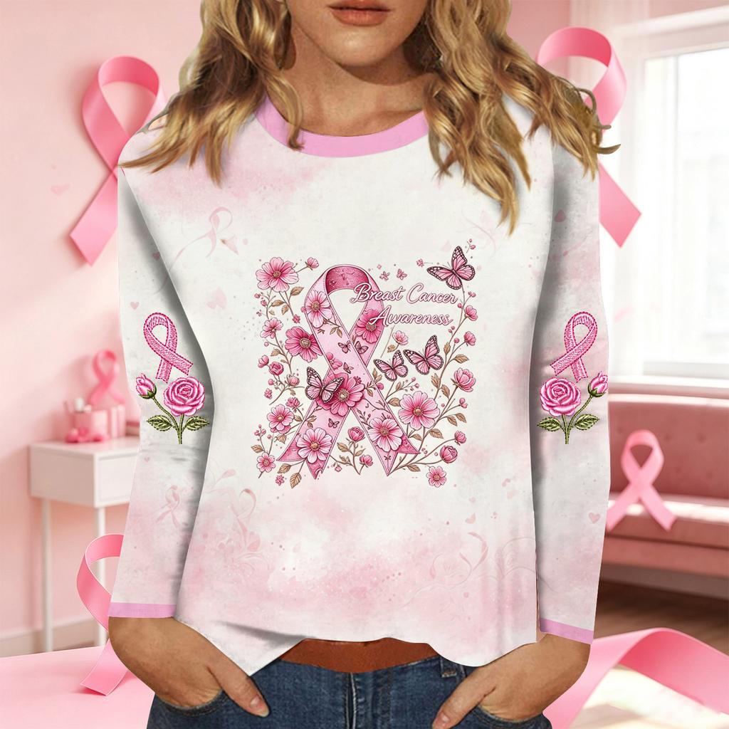 Women's Fashion Casual Long Sleeve Neck Top with Breast Ribbon Print for Support