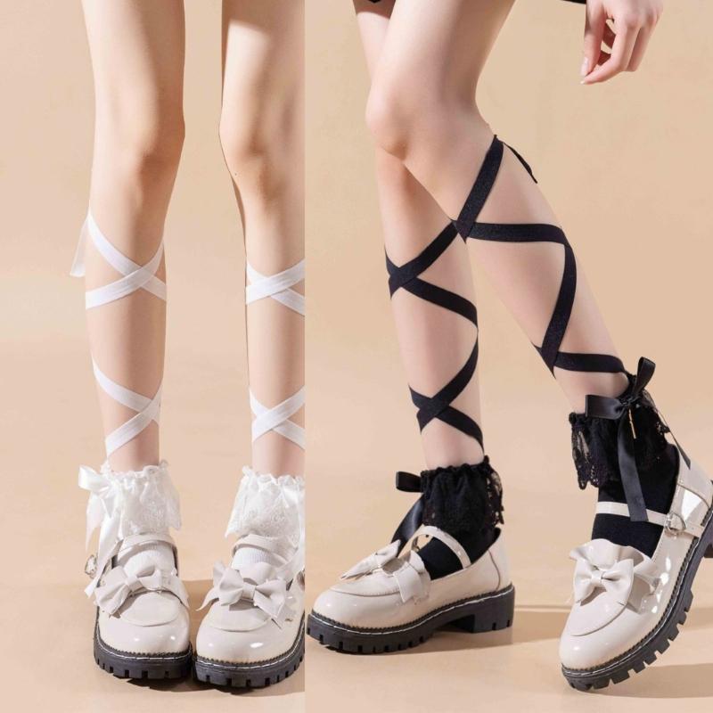 Women Japanese Ballet JK Sweet Ruffle Lace Cotton Crew Socks Elegant Ribbon Tie Bandage Solid Color Ankle Socks Hosiery
