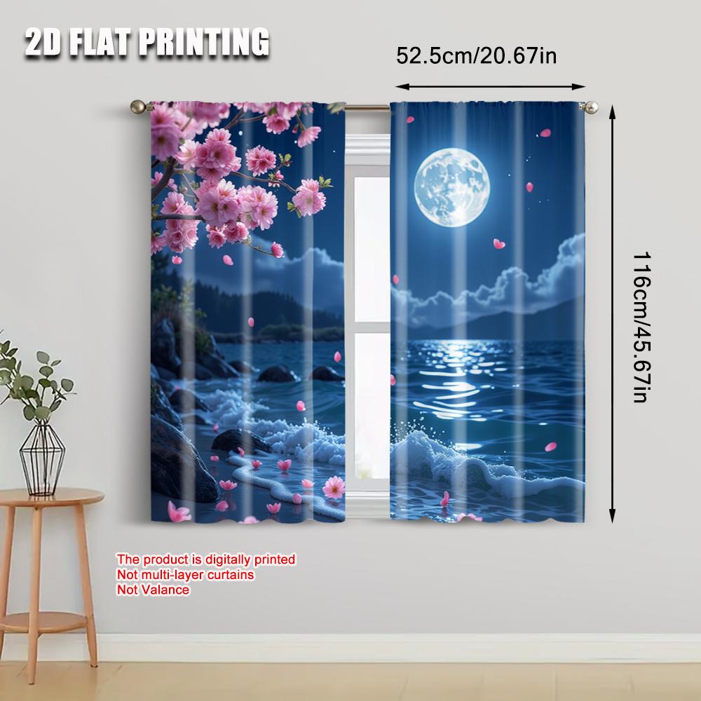 Set Of 2 Flat Printing Curtain Sakura Moon Versatile Durable Polyester Without Electricity Summer Party Decorations Carnival
