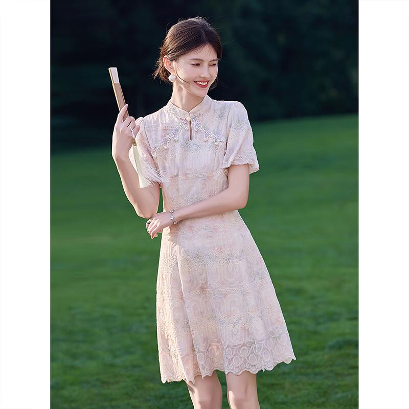 New Chinese Style Embroidered Stand Collar A-line Dress
