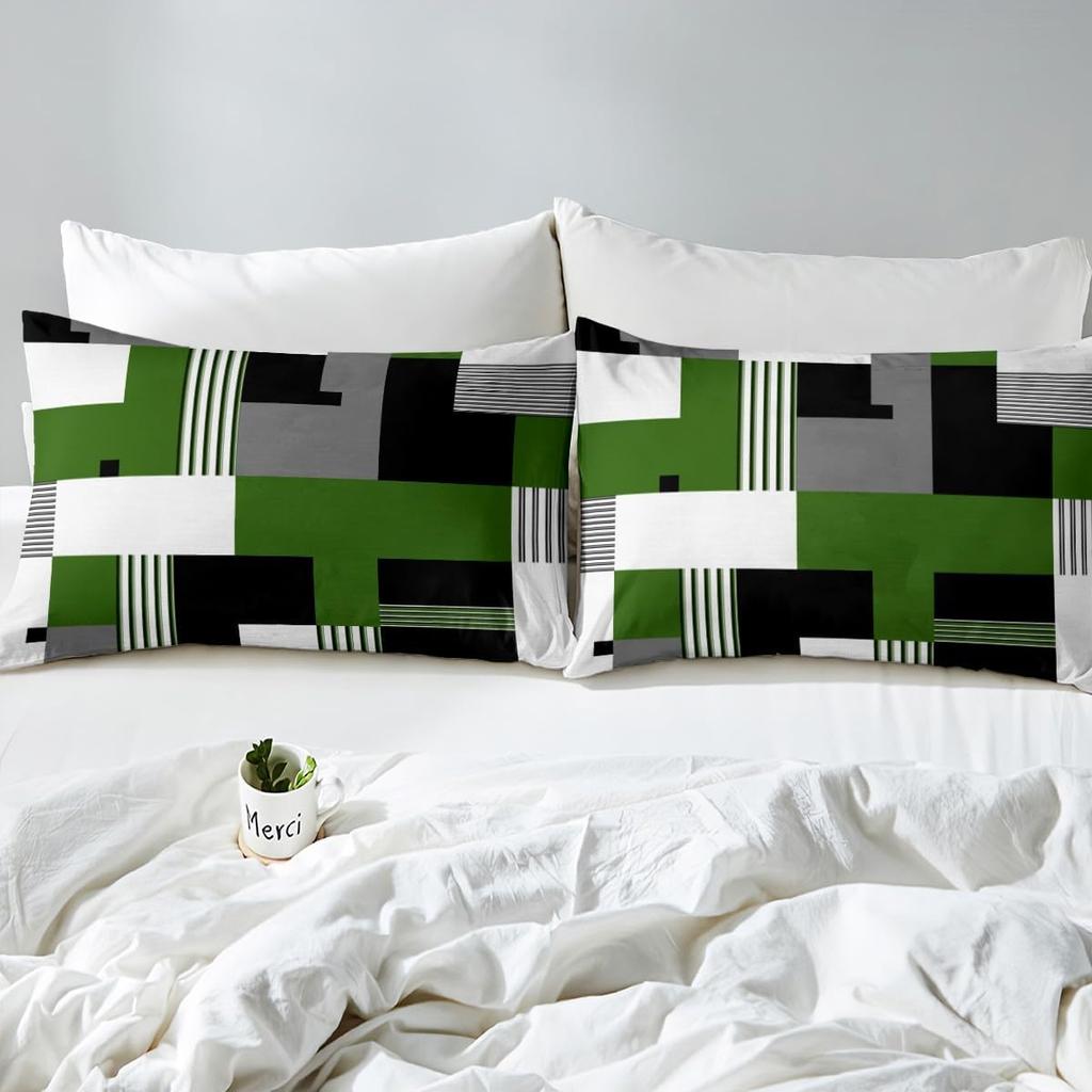 Feelyou Geometrisches Bettwäsche-Set Queen-Size Grün Schwarz Grau Bettbezug-Set für Jungen Mädchen Teenager Rechteck Quadrat Bettbezug Modern Abstrakt