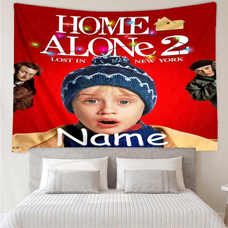 Custom Name Home Alone Print Tapestry, Backdrop, Easy Setup, Ideal for Bedroom, Office & Living Room, with Aesthetic Wall Hanging Decor.