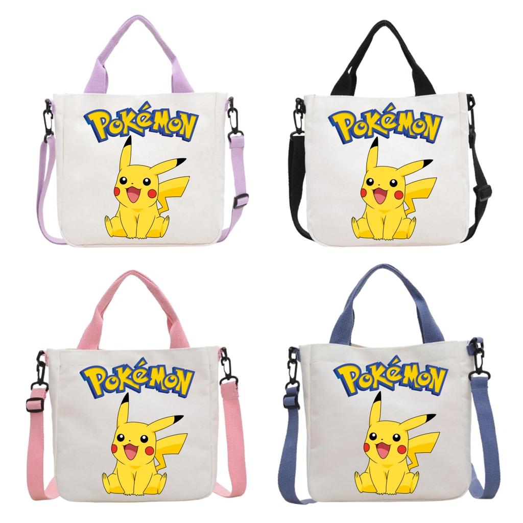 Pokemon Canvas Crossbody Bag Pikachu Cartoon Pattern Print Handbag Fashion Portable Large Capacity Travel Shopping Storage Kid Friendly Entertaining