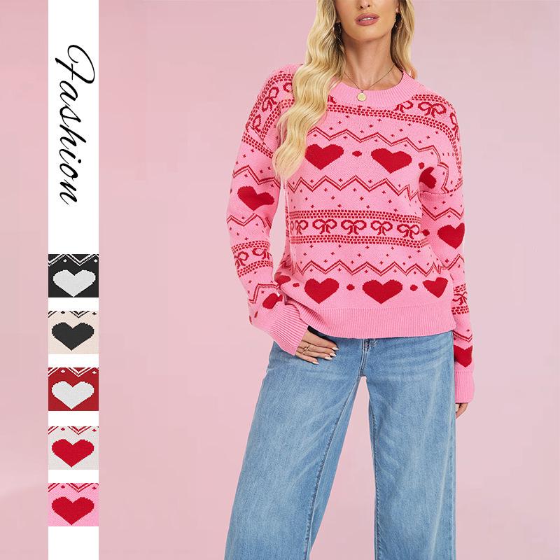 European & American Style Valentine's Heart Pattern Women's Casual Long Sleeve Knit Sweater