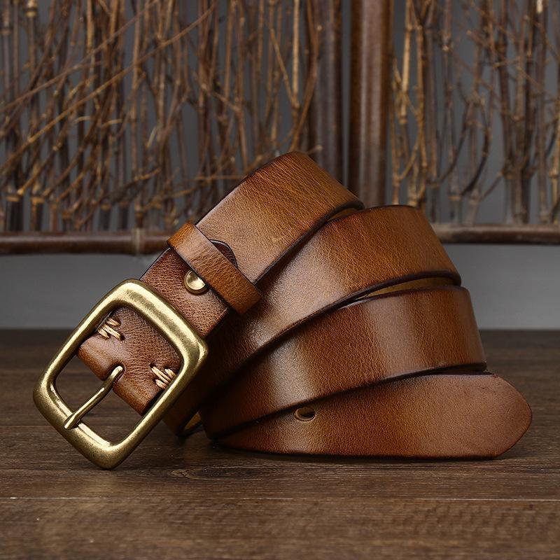 3.3CM Wide Vintage Washed Top Grain Leather Belt with Copper Buckle - Unisex, Korean Style Trend