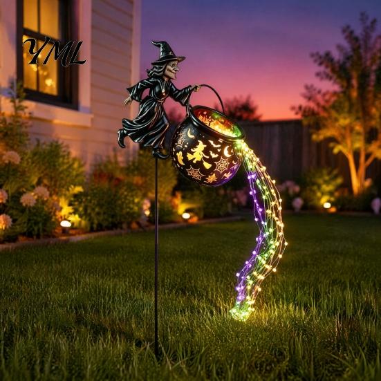 Glowing Yard Art for Halloween Witch Cauldron Light, Flying Silhouette Garden Stake with Colorful Landscape Lighting LED, Spooky Outdoor Decorative