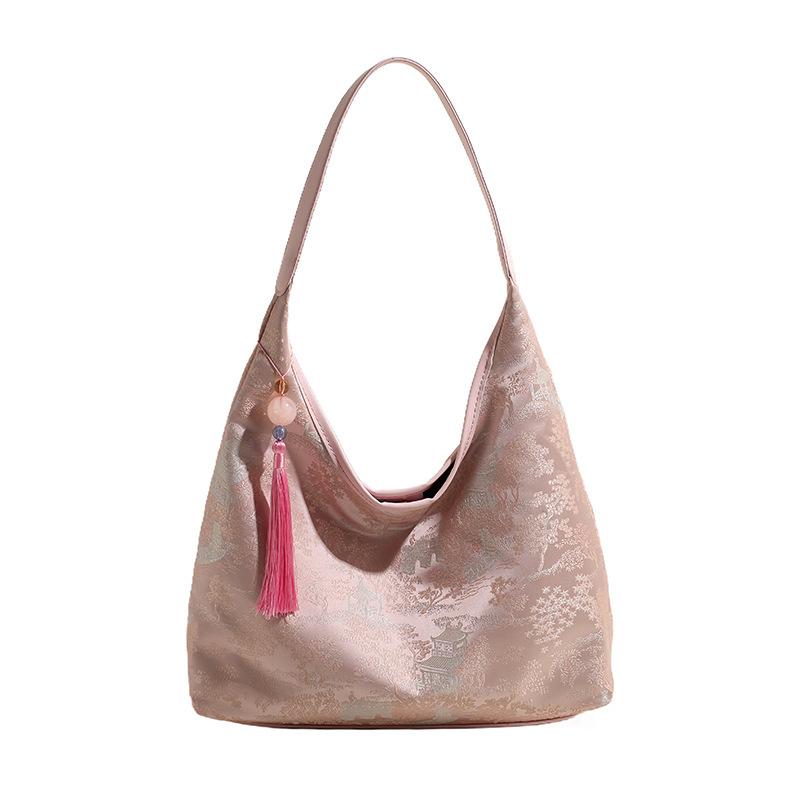 

Повседневная вместительная сумка в новом китайском стиле, женская, новая, трендовая, в национальном стиле, вышитая, для поездок на работу, на плечо, сумка-тоут, сумка-ведро розовый