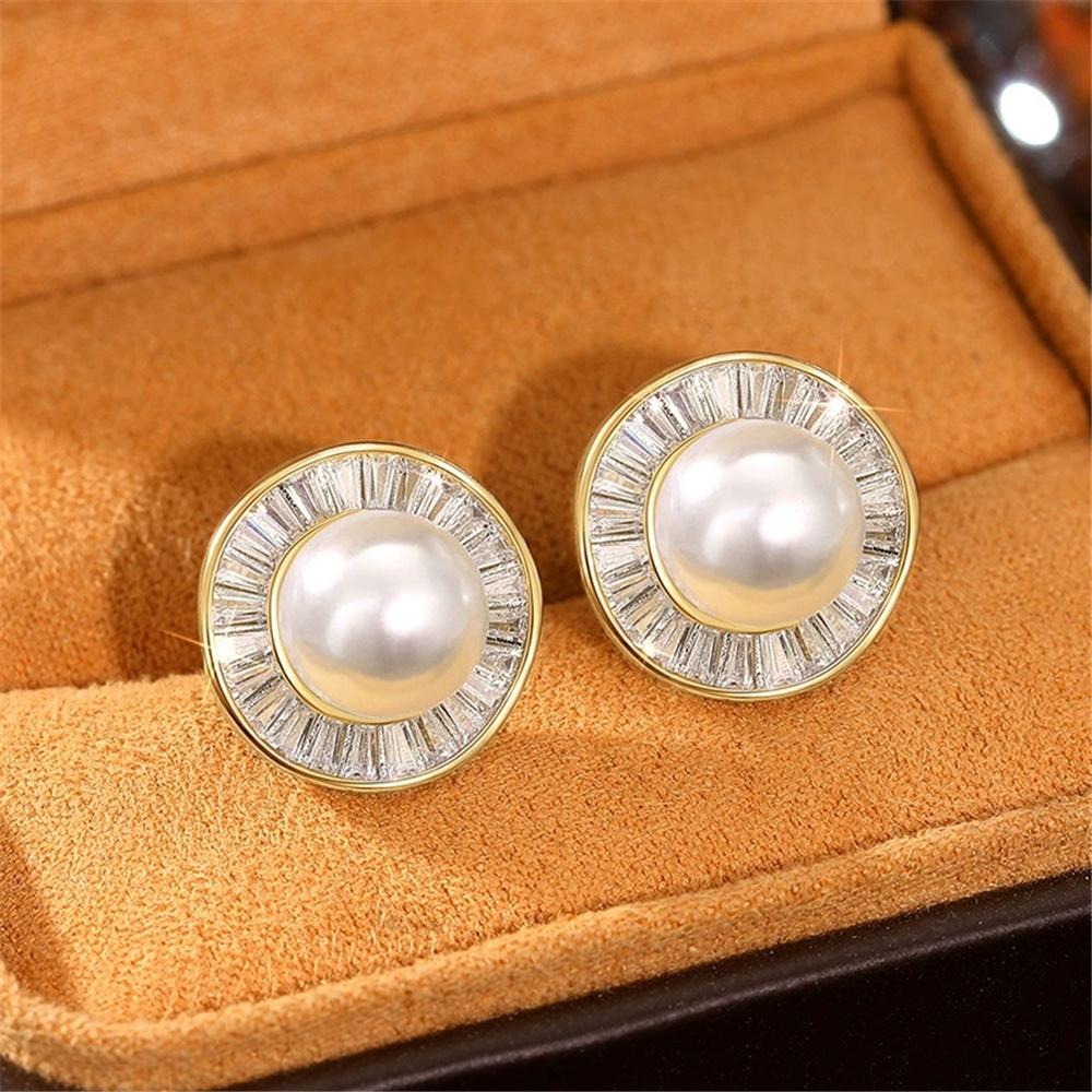 Boucles d'oreilles Puces Zircon Blanc Pierre de Perle Luxe Femme Couleur Or Vintage Cadeau de Fête de Mariage Pour Femmes