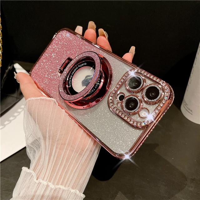 For iPhone 16 Pro Max Luxury Glitter Stand Holder Plating Flash Diamond Frame Phone Case For iPhone 11 12 13 14 15 16 Plus Cover