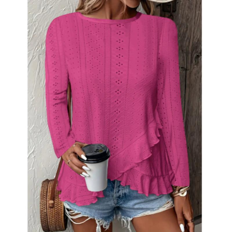 

Spring Top T-shirt Breathable Solid Color Round Neck Women s Long Sleeve Top T-shirt - Stylish and Elegant Comfortable XL рожевий червоний колір