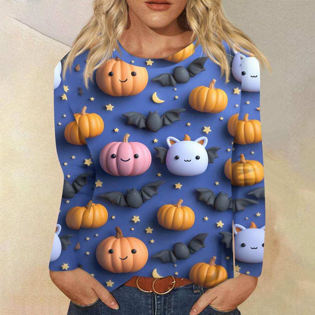 Modisches, lässiges Langarm-Oberteil mit Rundhalsausschnitt und Halloween-Print für Damen