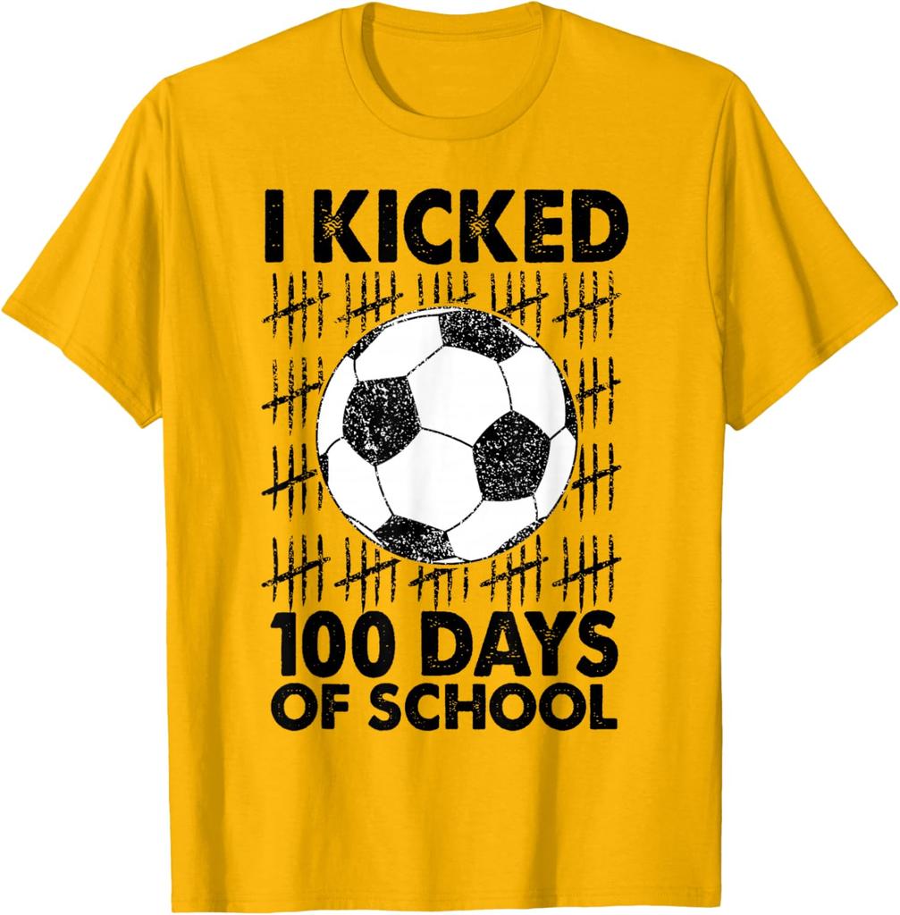 I Kicked 100 Days Of School Soccer Graphic Tshirt Kids Boys Cotton Tee Daily Wear