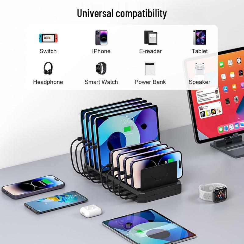 10-Port USB PD Charging Station with Storage Rack for Tablets & Phones