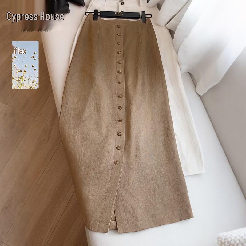 SIBOSHE Women s High-Waist Linen Slit Midi Skirt M