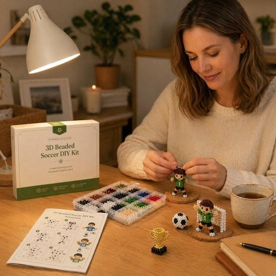 Beaded Football Player DIY Kit, 3D Tiny Beaded Figure Craft Kit, Cute Mini Soccer Player Bead Craft Set for Beginners Teens Adults