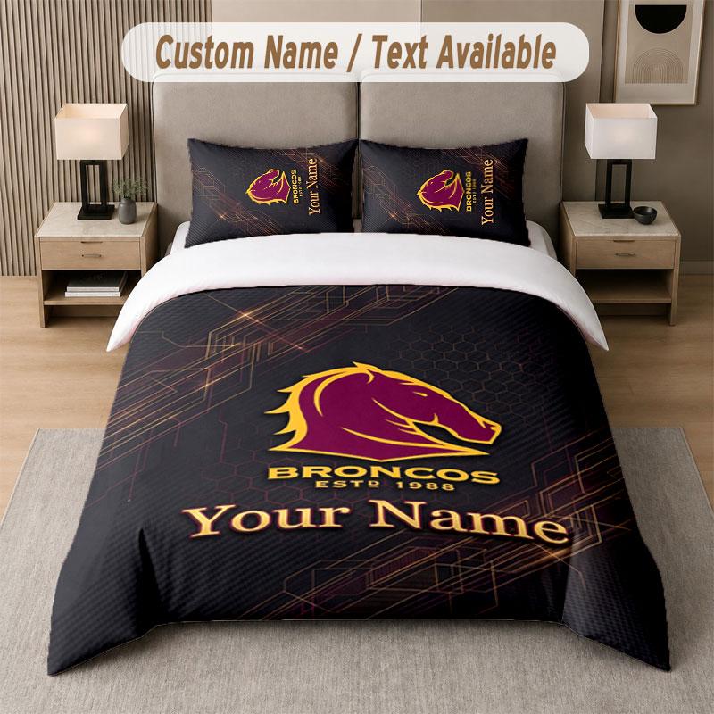 Custom Bedding Set Brisbane Broncos Pattern, Print Name Text 1 Duvet Cover Plus 2 Pillowcases Home Textile
