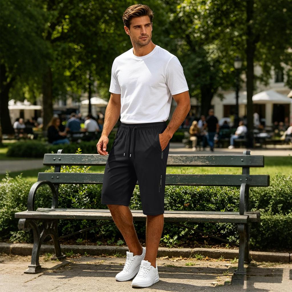 Men’s Ultra Lightweight Stretchy Ice Silk Seven Tenth Length Pants with Elastic Waistband and Zipper Pockets for Everyday Wear