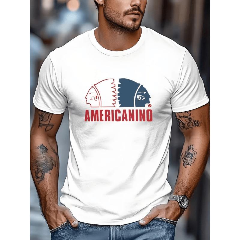 Camiseta de Manga Corta Cabeza de Indio Tallas Europeas: Presenta un Gráfico de Cabeza India de Dos Tonos y el Texto "AMERICANINO" Impreso