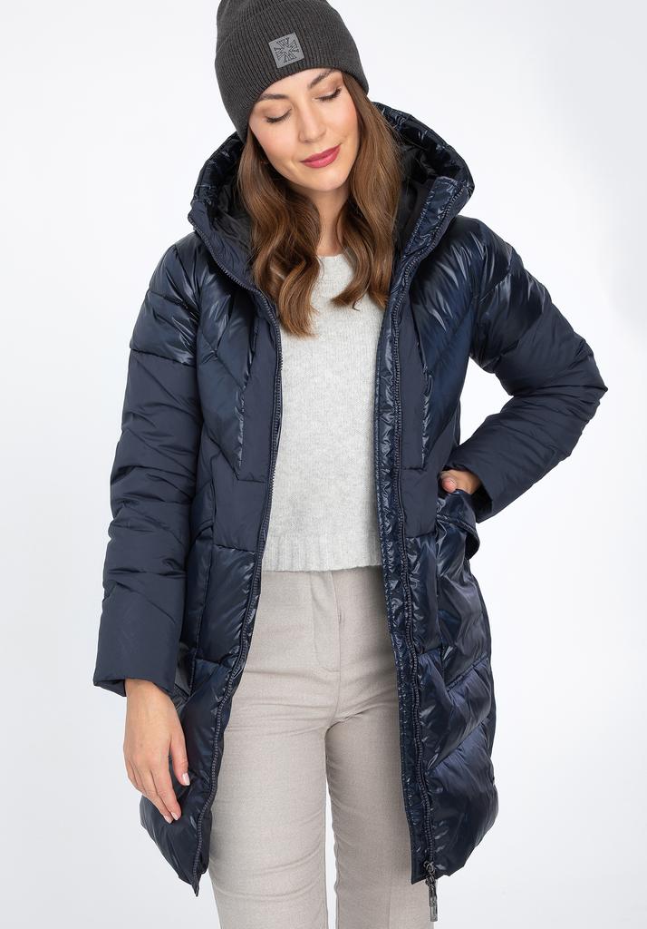 Wittchen Women's Down Coat In Combination Materials With Hood, Navy Blue, Navy Blue Nylon