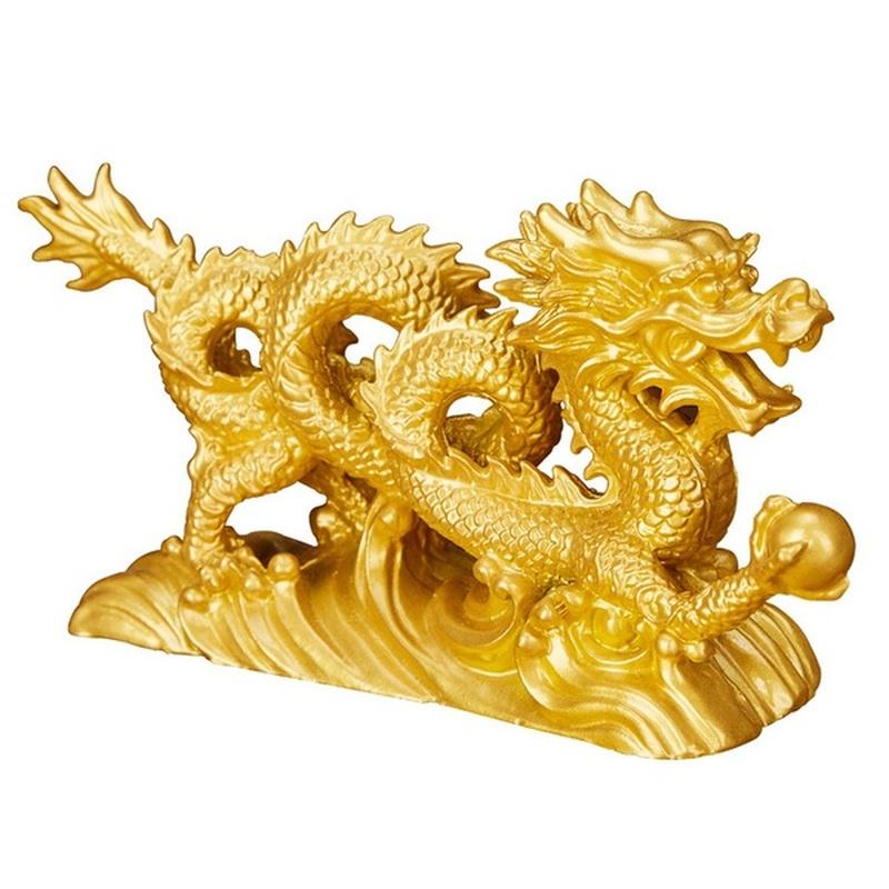 Chinese Geomancy Gold Dragon Staty Staty Ornament för tur och framgång