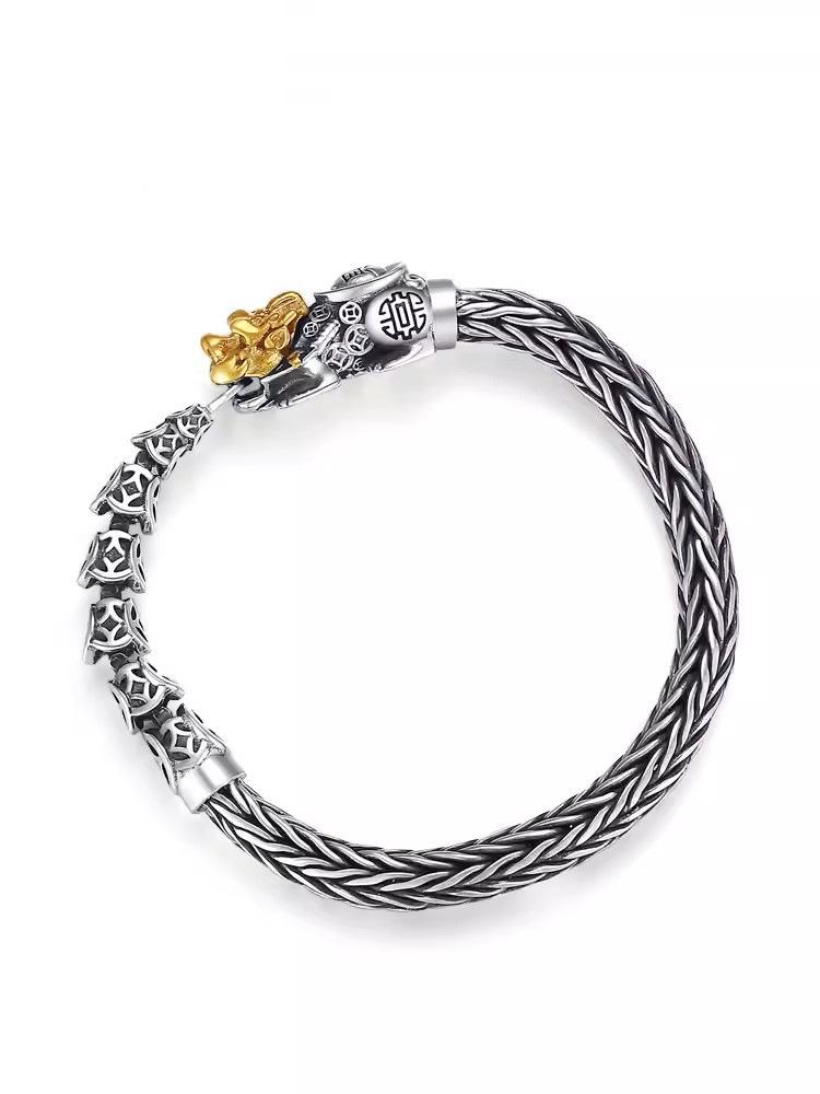Men s Sterling Silver Pixiu Bracelet: Trendy Ethnic Retro Style Zodiac Year Gift for Boyfriend 20cm for 130-180 lbs
