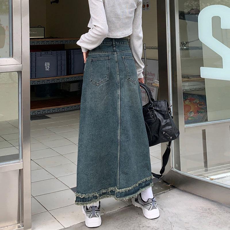 Vintage High-waisted Denim Skirt Female Package Hip A-line Cover Meat Straight Section of The Long Section of The Design Sense of The Burlap Half-body