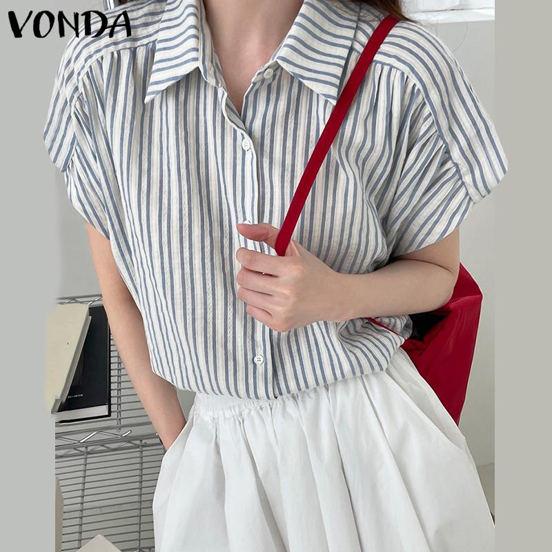 

VONDA Полосатые рубашки с короткими рукавами Летние женские повседневные топы