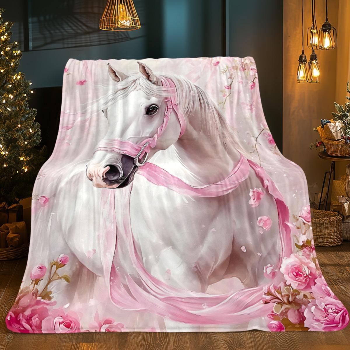 

1pc Dreamy Pink Horse Portable Blanket-Lightweight Home Furnishings Bedding Blanket Suitable for Travel Camping Living Rooms Offices Sofas C 130x150cm