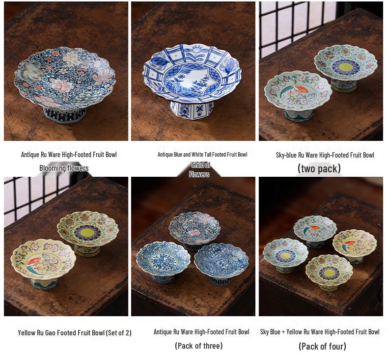 Chinese Ru Kiln Blue and White High-Footed Ceramic Plate for Fruit, Tea, Snacks, Pastries, and Living Room Decor