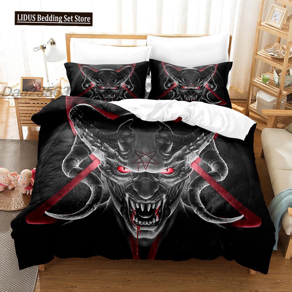 Dark Satanic Duvet Cover Set Satan Goat Inverted Pentagram Skull Bedding Set Full King Size Bed Set Bedroom Comforter Cover Set
